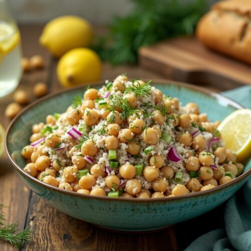 Vibrant chickpea tuna salad in turquoise bowl with lemon.