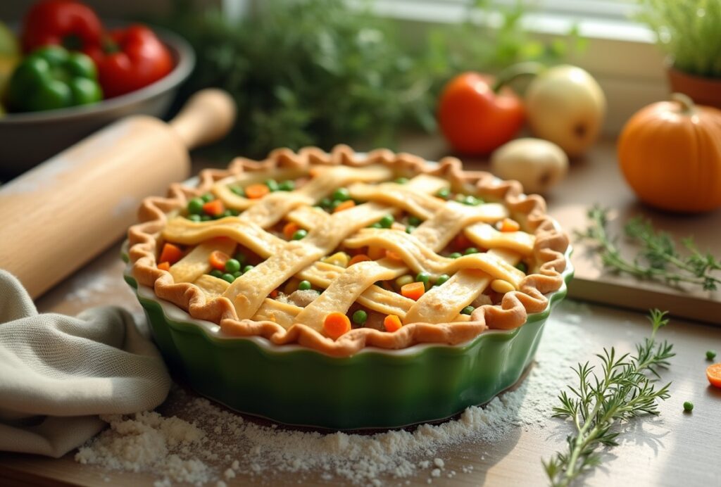 Vegan pot pie with golden brown crust and veggies.