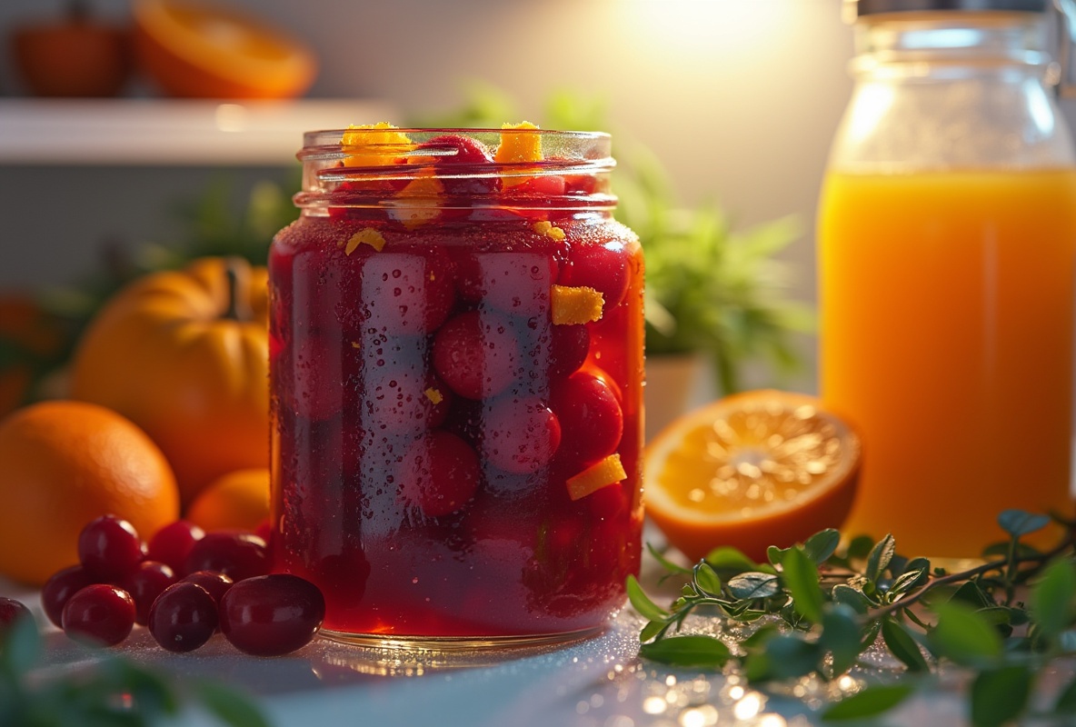 Bowl of cranberry orange relish with zest and rosemary.