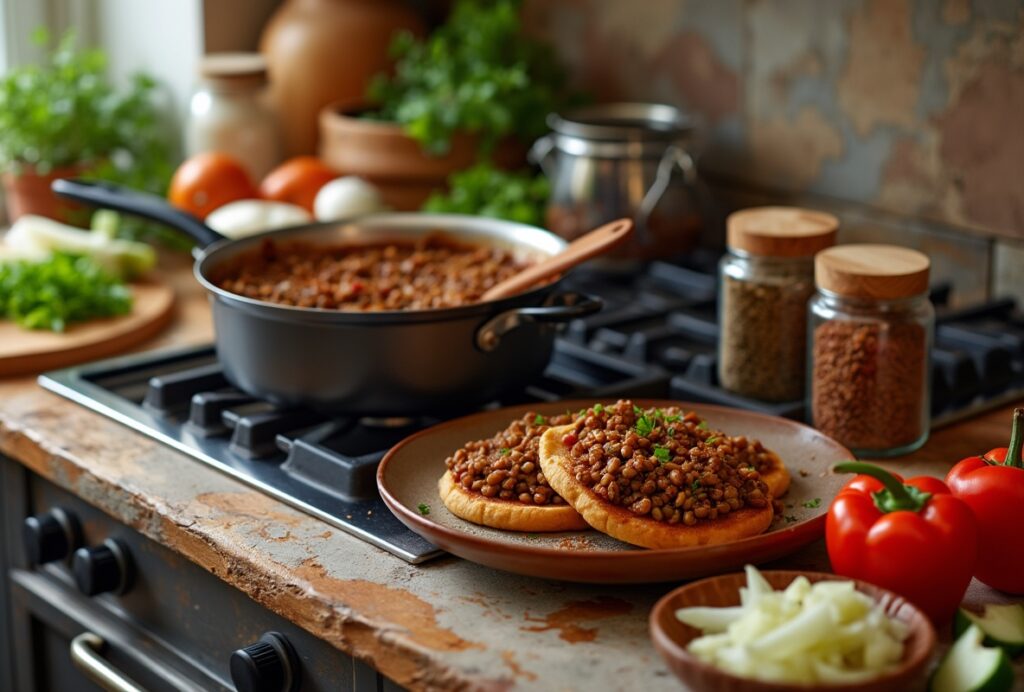 Hearty lentil dish on pita bread with tomatoes and herbs.