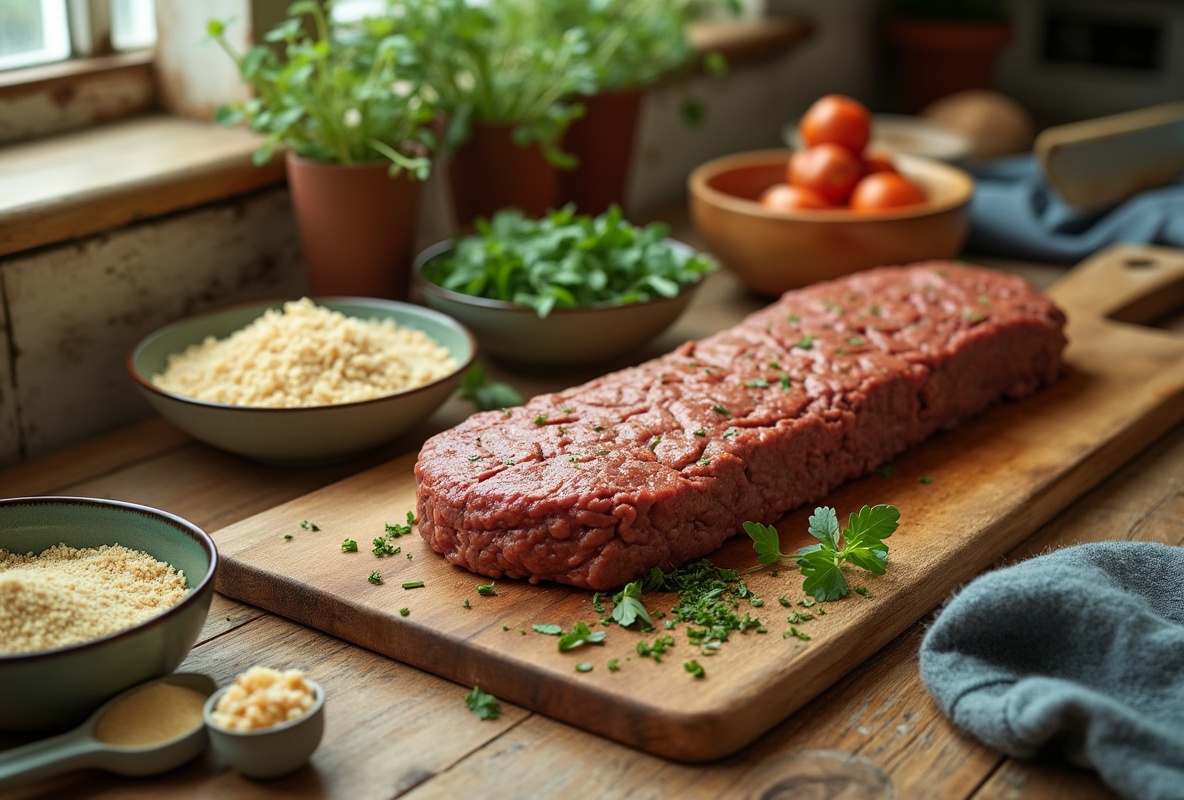 Raw meatloaf with breadcrumbs and herbs on a cutting board