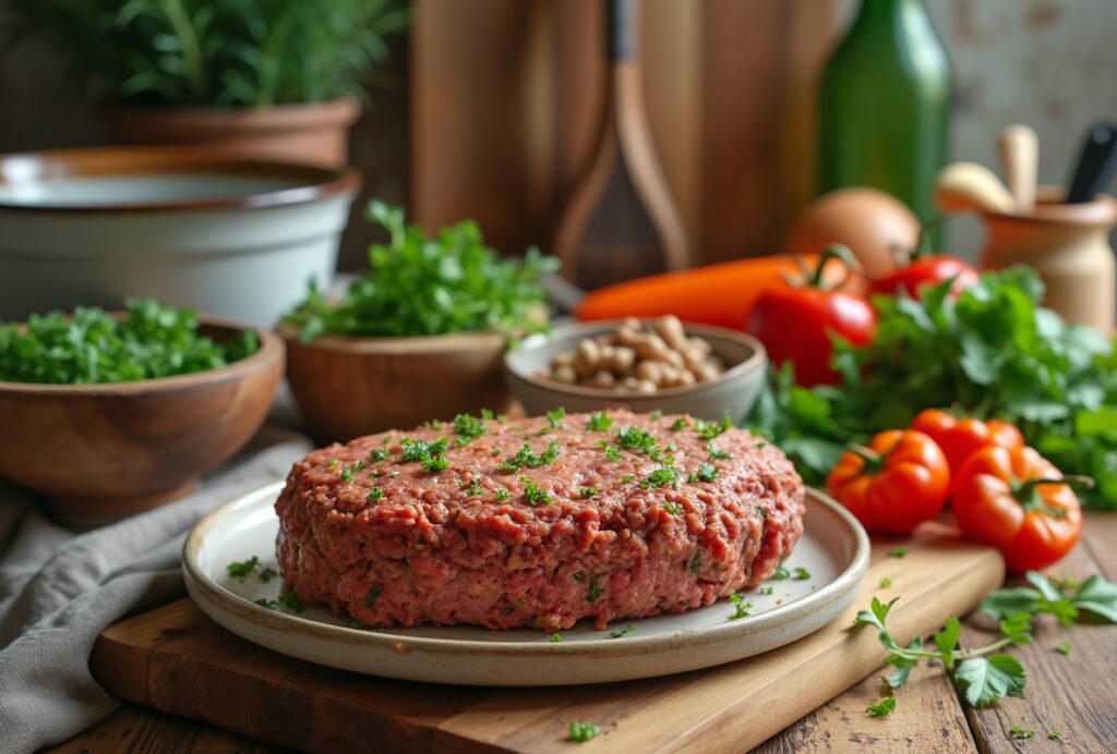 Plant-based meatloaf with parsley on a wooden board.