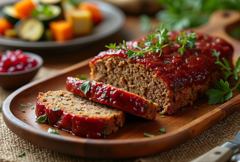 Plant-based meatloaf with red glaze on wooden plate.