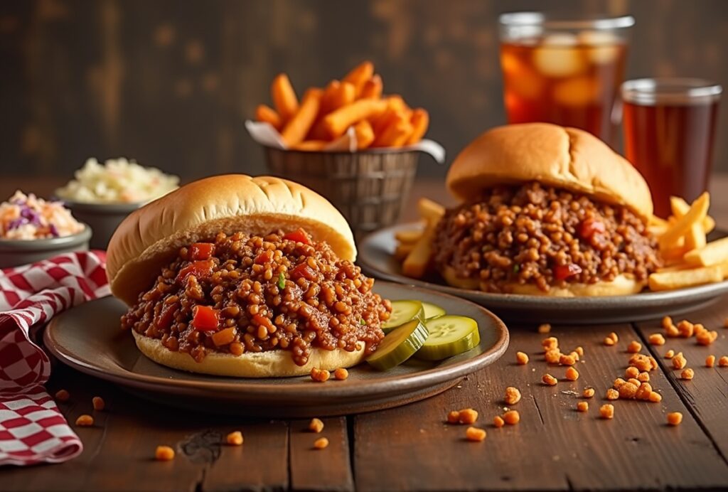 Traditional Sloppy Joe with fries, coleslaw, and iced tea.