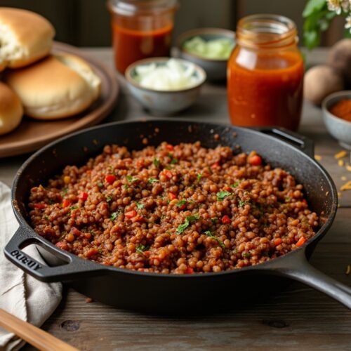 Sloppy joe in skillet with herbs beside buns and pickles.