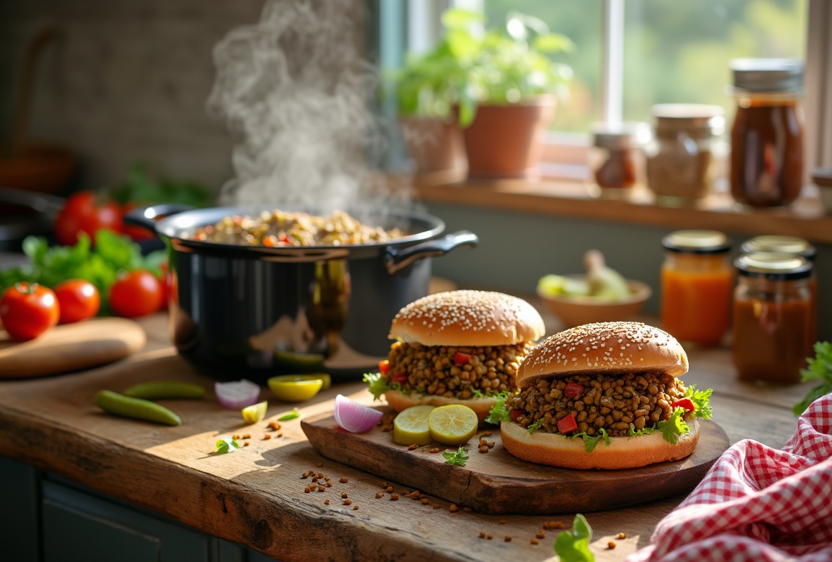 Two lentil sloppy joes with lettuce and peppers on sesame buns