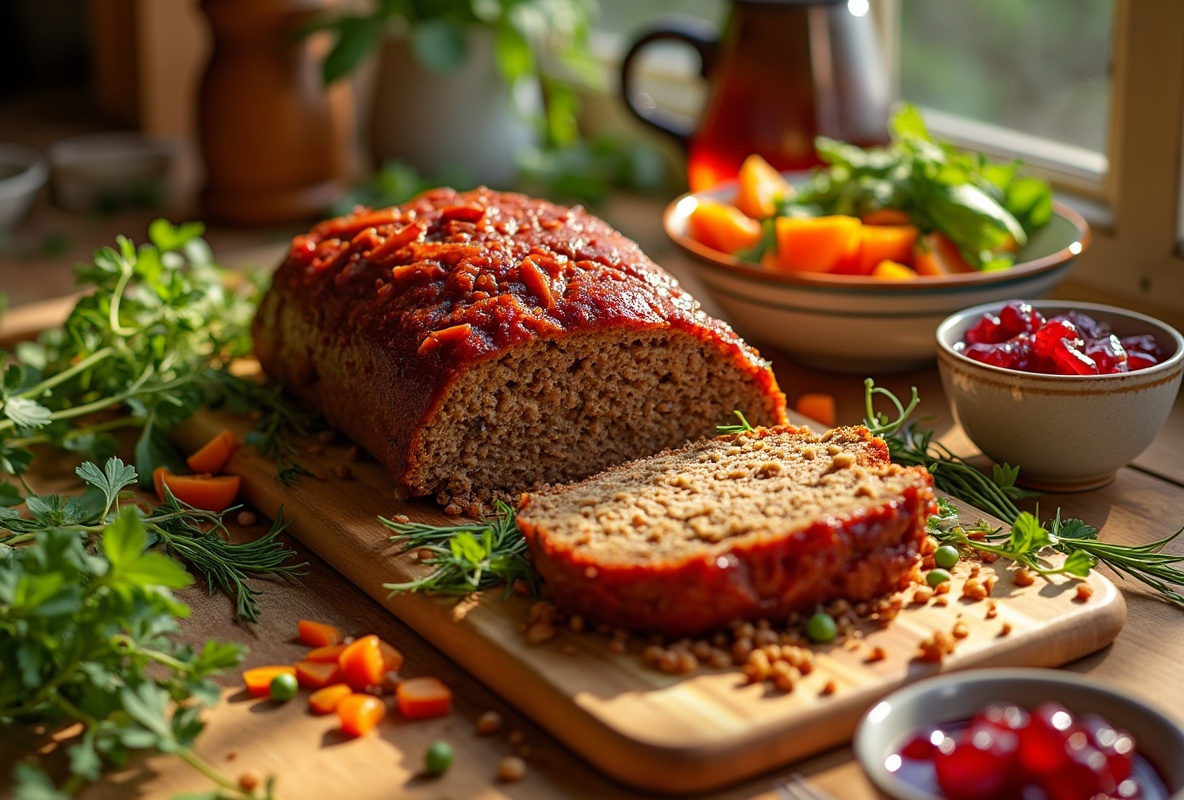 Slice of plant-based meatloaf with tomato glaze on board.