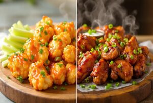 Cauliflower wings on wooden platter with parsley garnish.