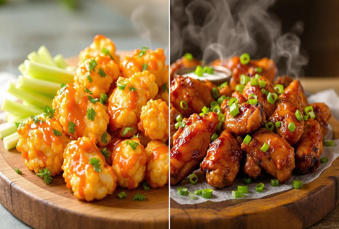 Cauliflower wings on wooden platter with parsley garnish.