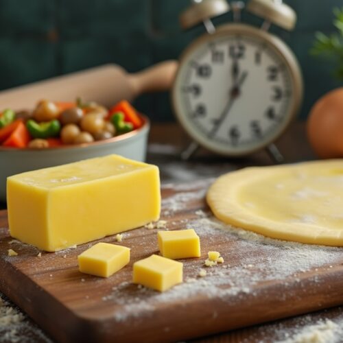 Vegan butter substitute on a board with pie crust in background