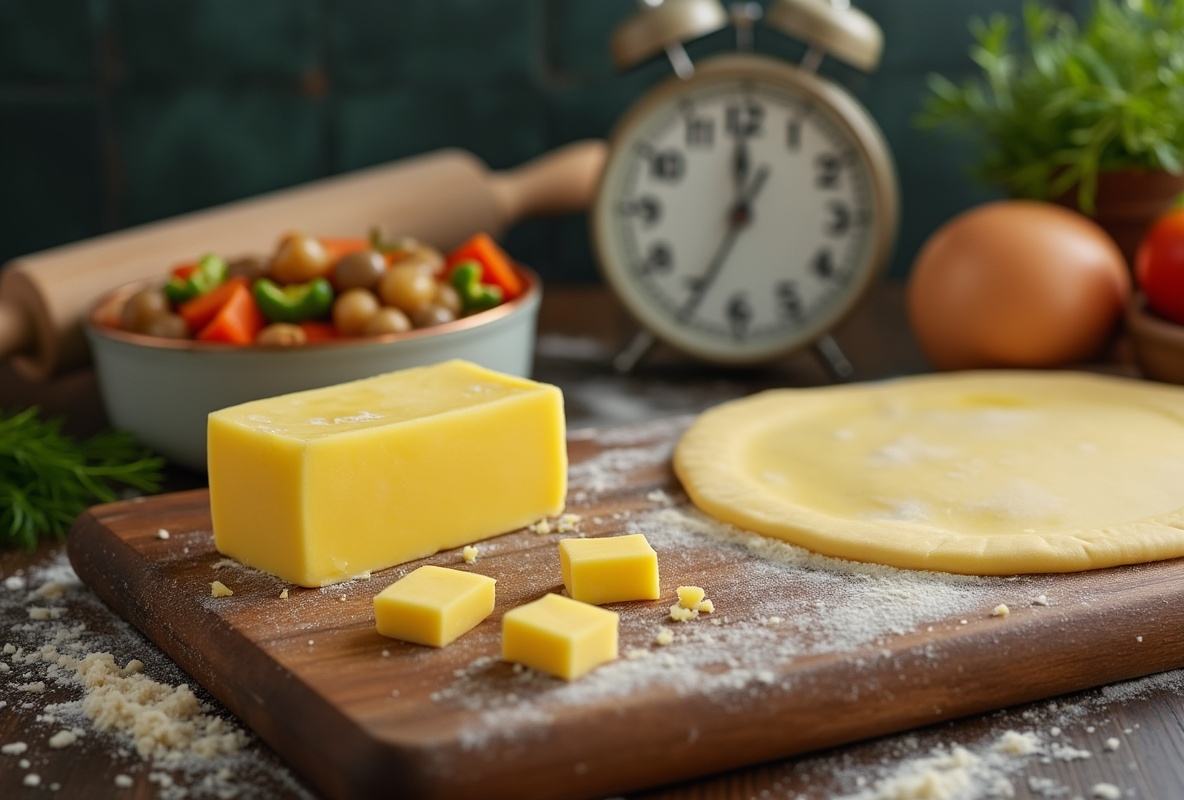 Vegan butter substitute on a board with pie crust in background