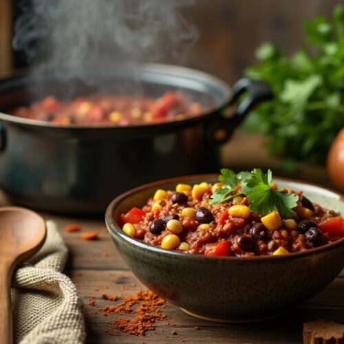 Bowl of vegan chili with beans, corn, tomatoes, and cilantro garnish.