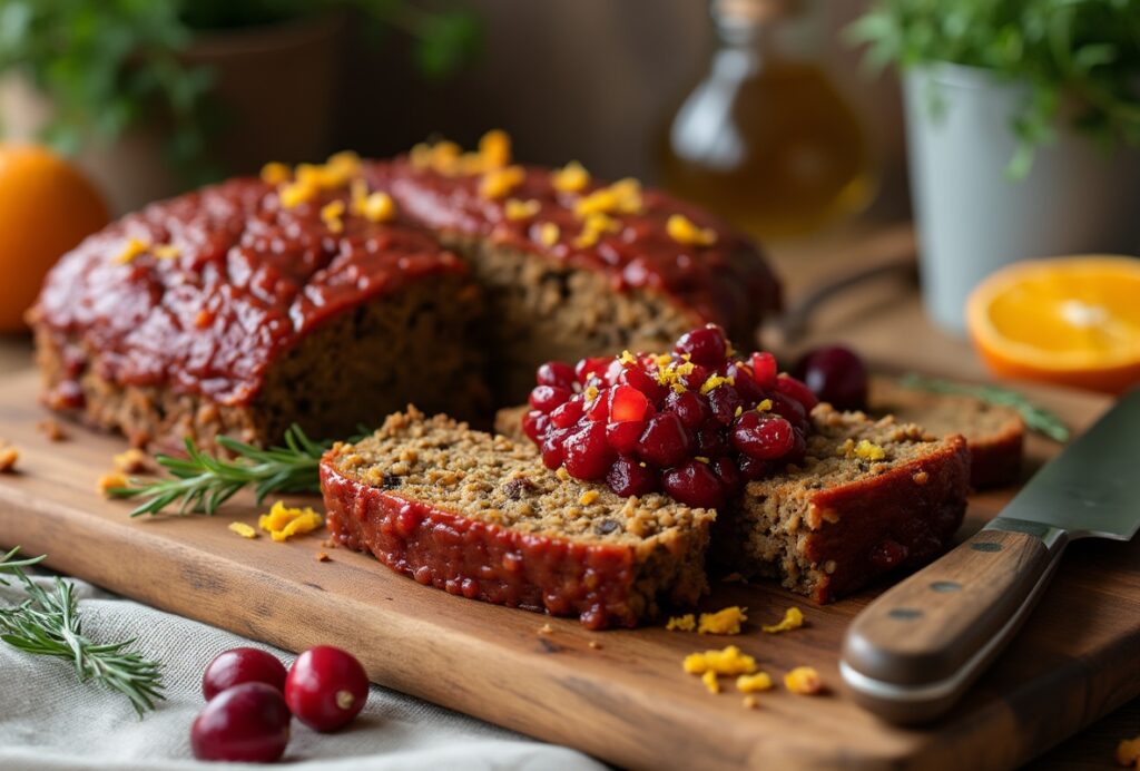 Vegan meatloaf on wooden board with cranberry topping.