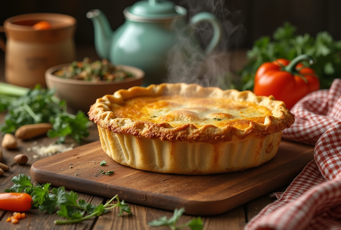 Freshly baked vegan pie with golden flaky crust and steam.