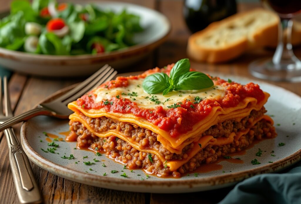 Vegan lasagna with meat substitute, fresh basil, and side salad.