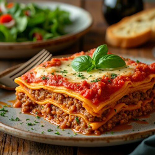 Vegan lasagna with meat substitute, fresh basil, and side salad.