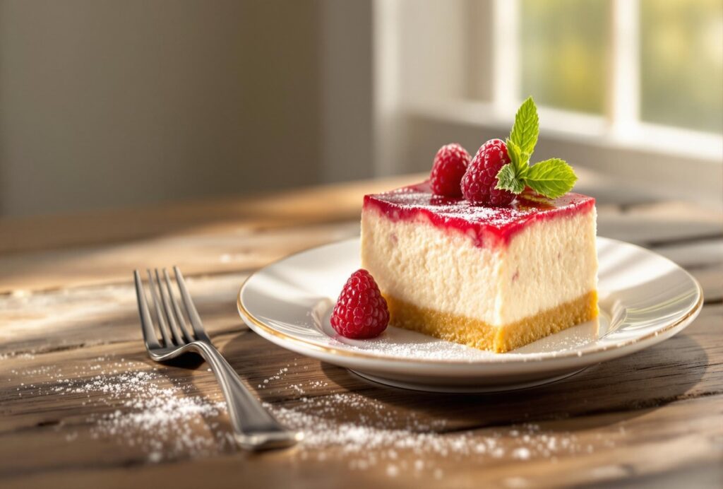 Lemon raspberry cheesecake square on beige plate with mint.