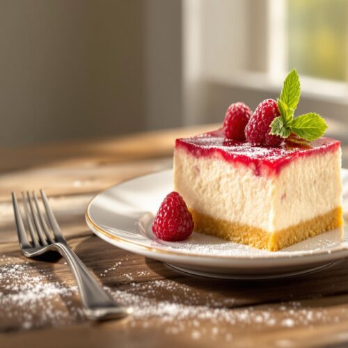 Lemon raspberry cheesecake square on beige plate with mint.