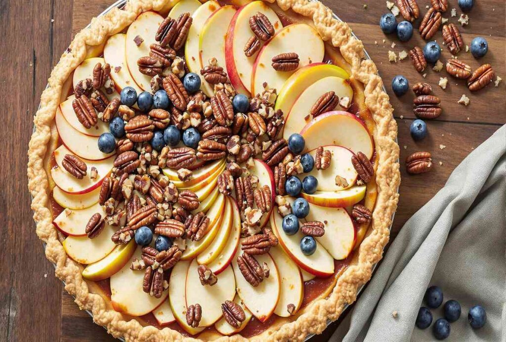 Vegan pie with apple slices, pecans, and blueberries on a wooden table.