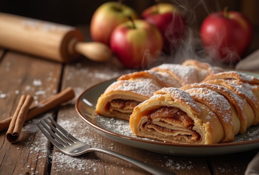 Freshly baked apple cinnamon strudel on plate with apples and cinnamon sticks.