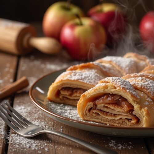 Freshly baked apple cinnamon strudel on plate with apples and cinnamon sticks.