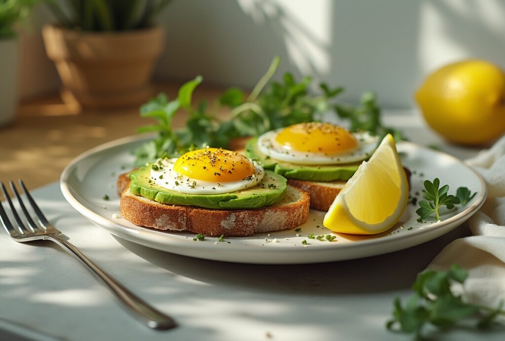 Healthy avocado egg sandwich with sunny-side-up eggs on toasted bread.