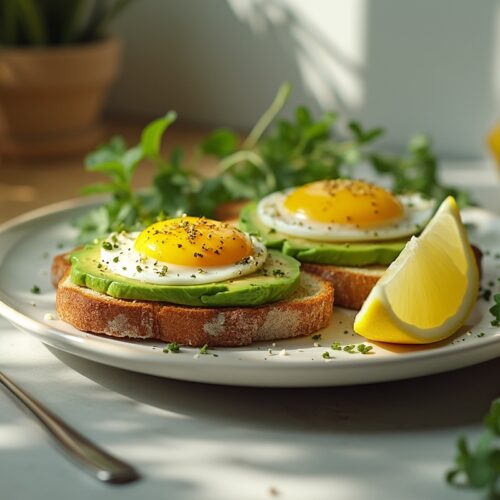 Healthy avocado egg sandwich with sunny-side-up eggs on toasted bread.