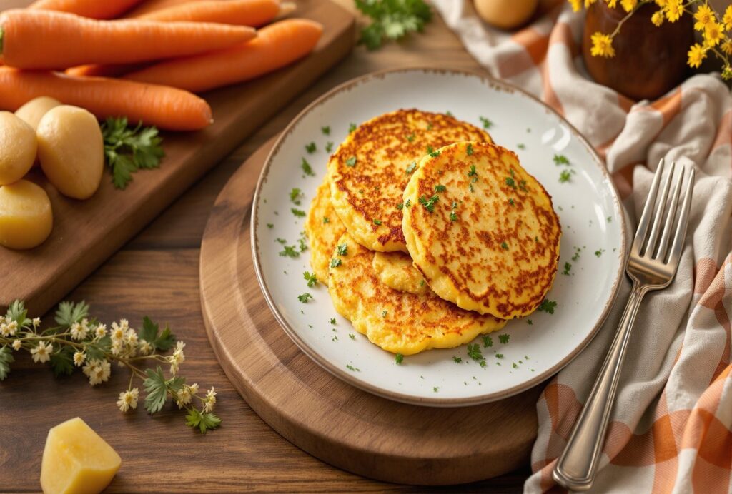 Carrot potato pancakes with sour cream and parsley on gray plate.