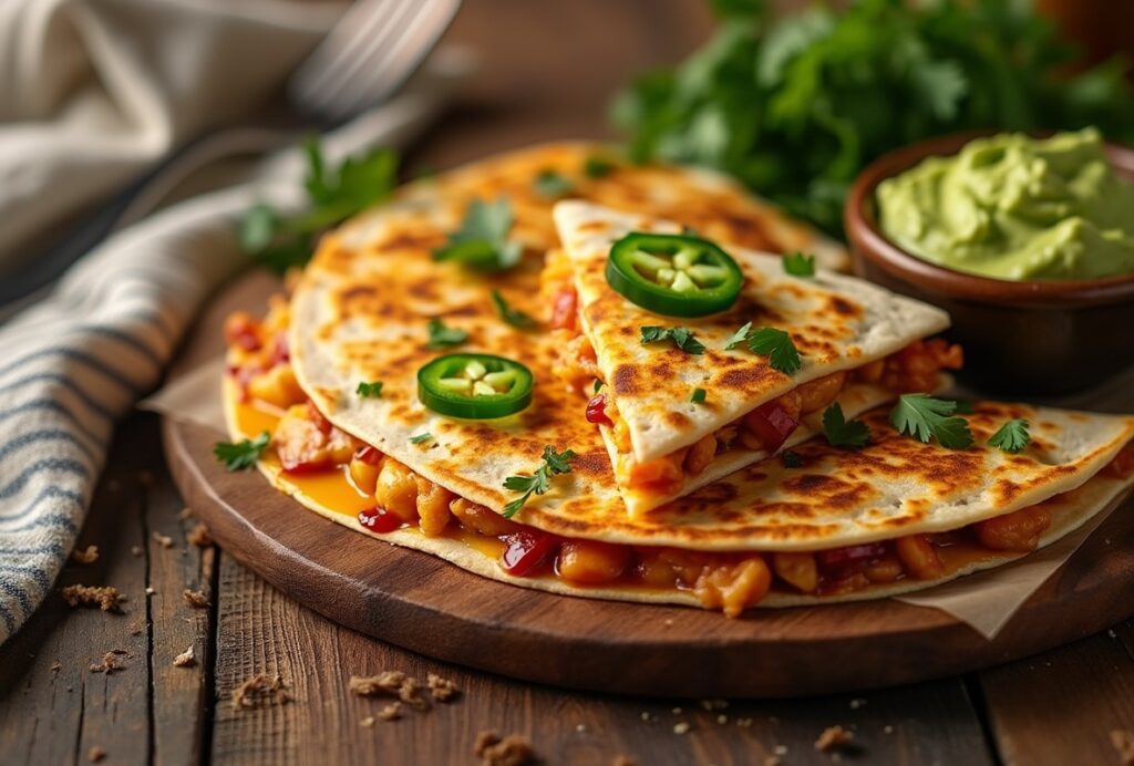 BBQ chicken quesadillas with jalapeños and cilantro on a plate.