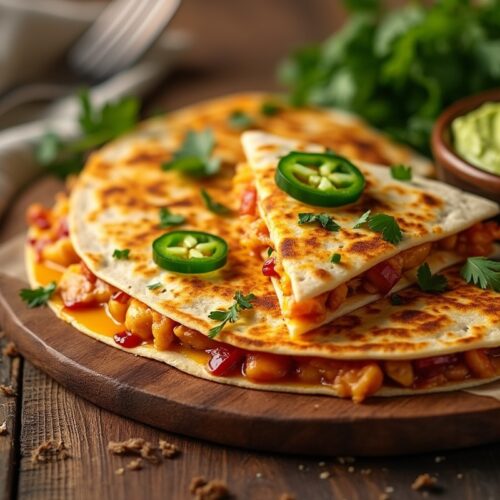 BBQ chicken quesadillas with jalapeños and cilantro on a plate.