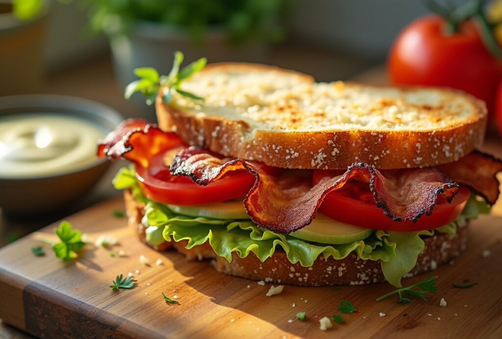 Classic BLT sandwich with garlic aioli, crispy bacon, tomato slices, and lettuce.