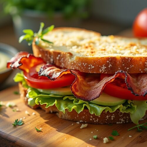 Classic BLT sandwich with garlic aioli, crispy bacon, tomato slices, and lettuce.