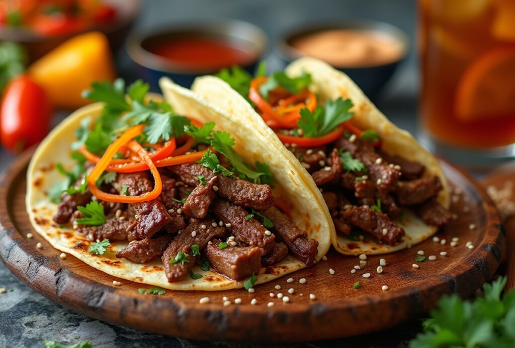 Korean BBQ tacos with meat, carrots, cilantro, sesame seeds.