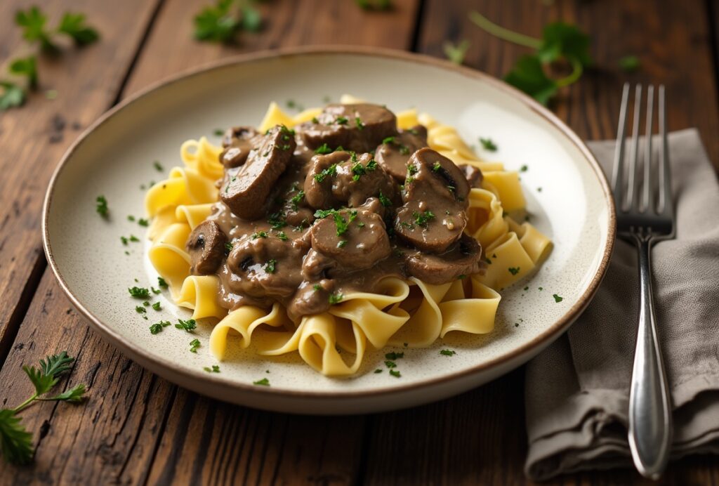 Plate of beef stroganoff with mushrooms and parsley over noodles.