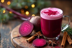 Mug of beetroot juice with frothy topping, surrounded by spices.