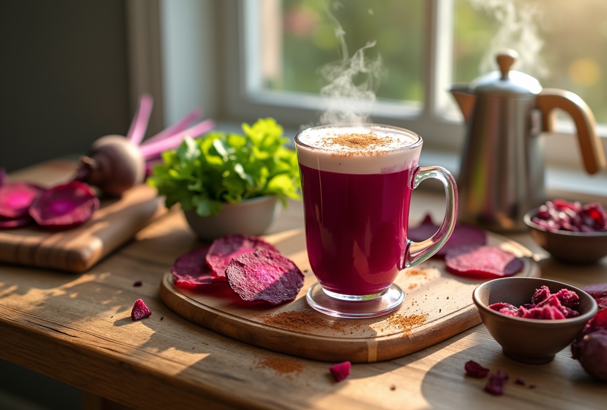 Steaming cup of beetroot juice with beet slices and green salad.