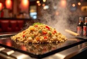 Steaming mound of Benihana-style fried rice with soy sauce.