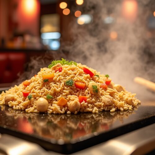 Steaming mound of Benihana-style fried rice with soy sauce.