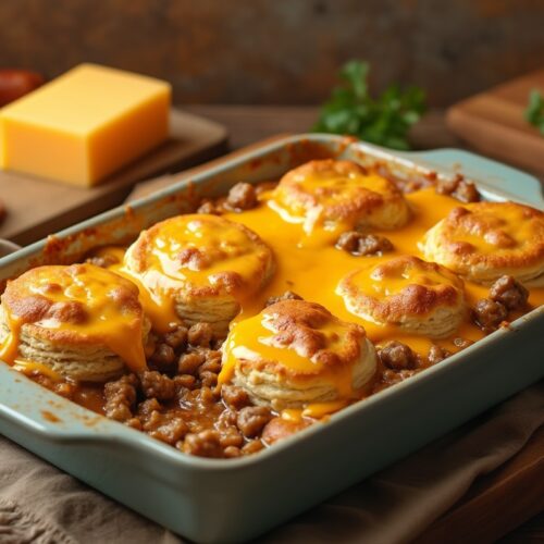 Easy Cheesy Sausage Gravy Bake in ceramic dish with melted cheddar.