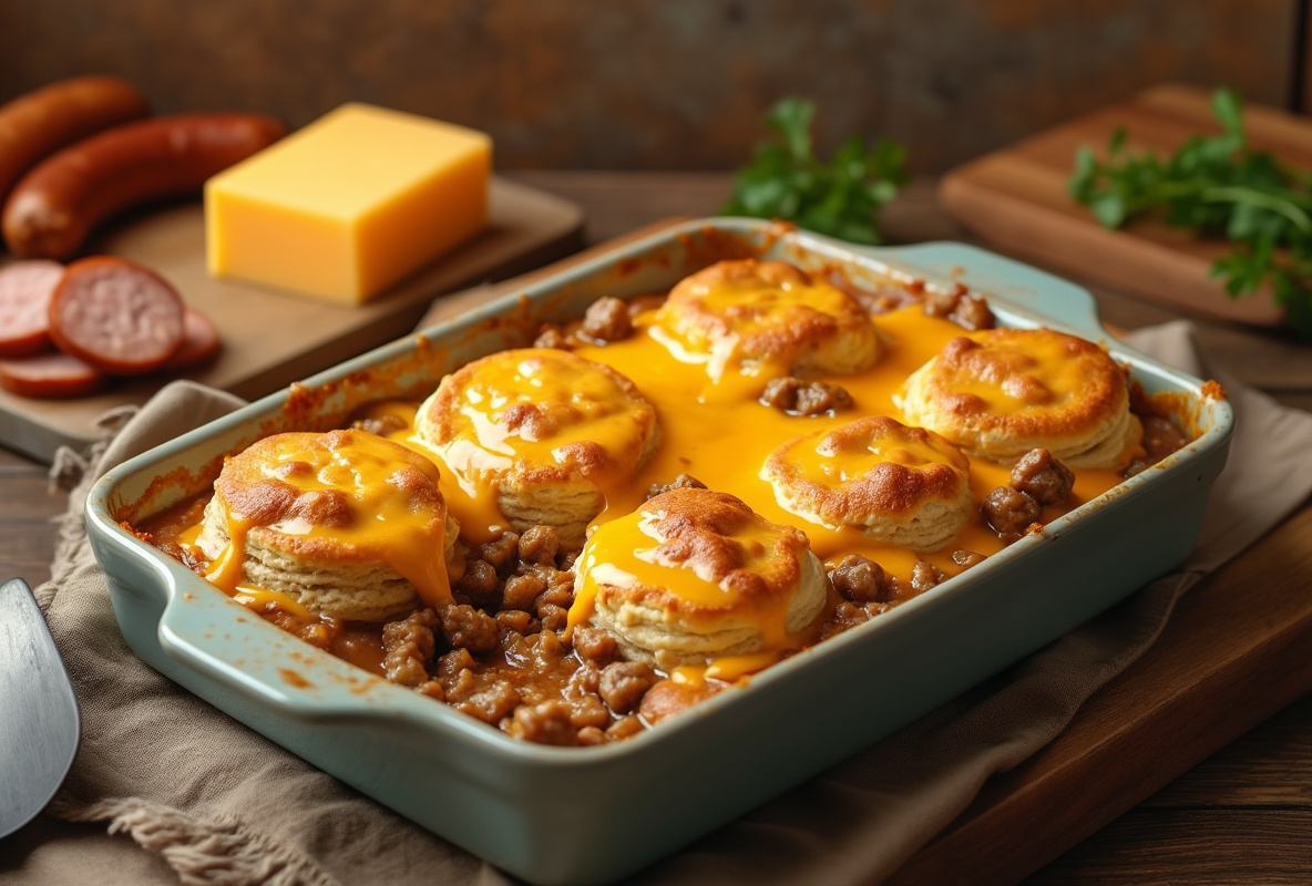 Easy Cheesy Sausage Gravy Bake in ceramic dish with melted cheddar.