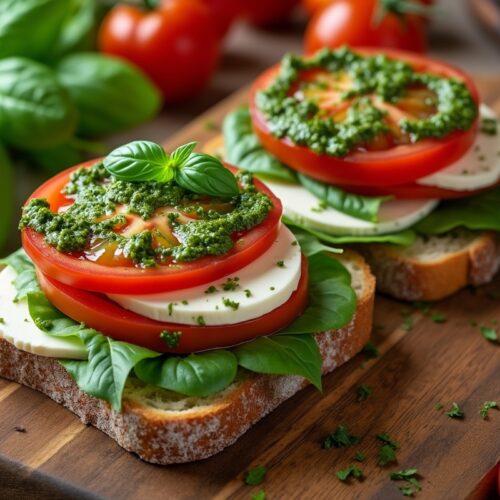 Fresh Caprese pesto sandwich with basil, tomatoes, and mozzarella.