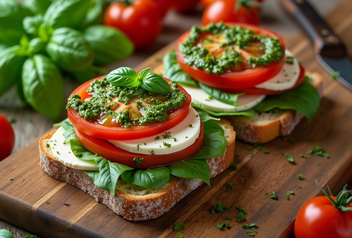 Fresh Caprese pesto sandwich with basil, tomatoes, and mozzarella.