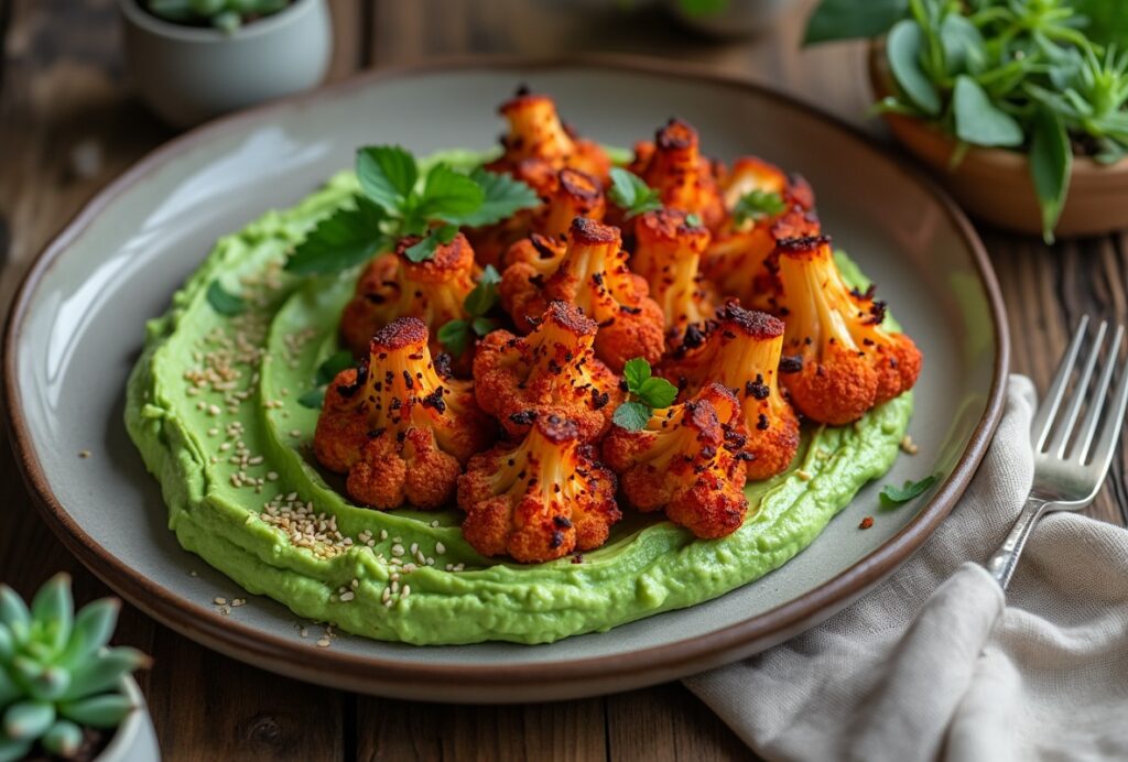 Harissa cauliflower roasted on green hummus topped with sesame seeds.