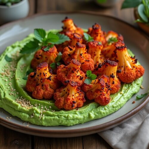 Harissa cauliflower roasted on green hummus topped with sesame seeds.