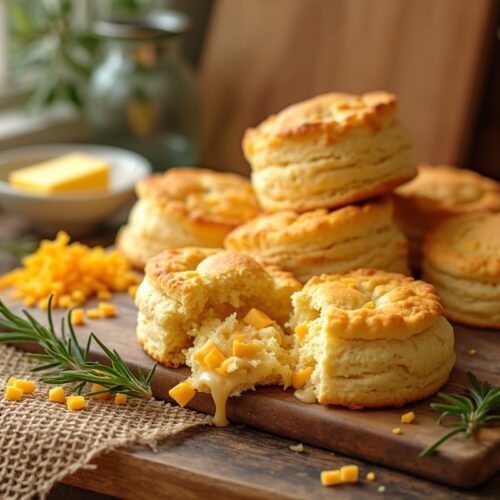 Stack of freshly baked cheddar cheese biscuits on a wooden board.