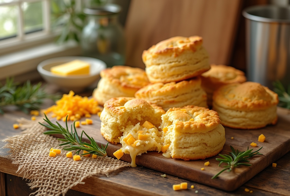 Stack of freshly baked cheddar cheese biscuits on a wooden board.