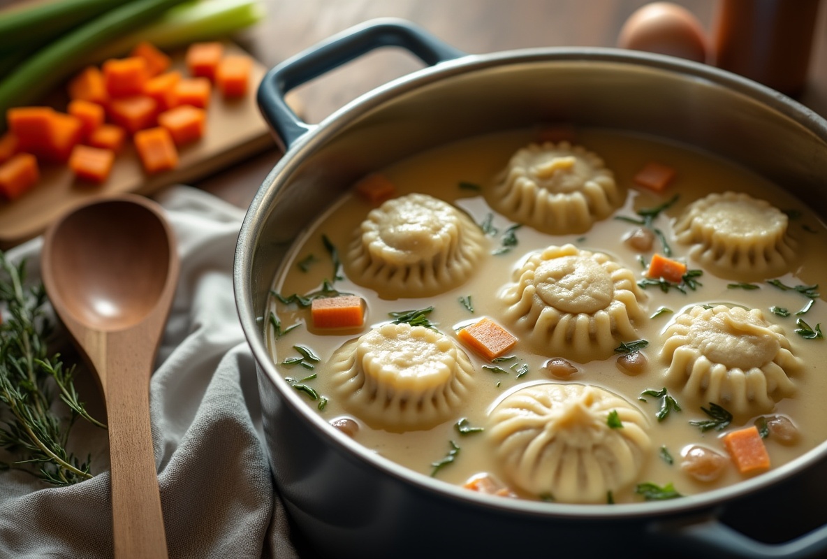 Creamy Instant Pot chicken dumplings with herbs and carrots.