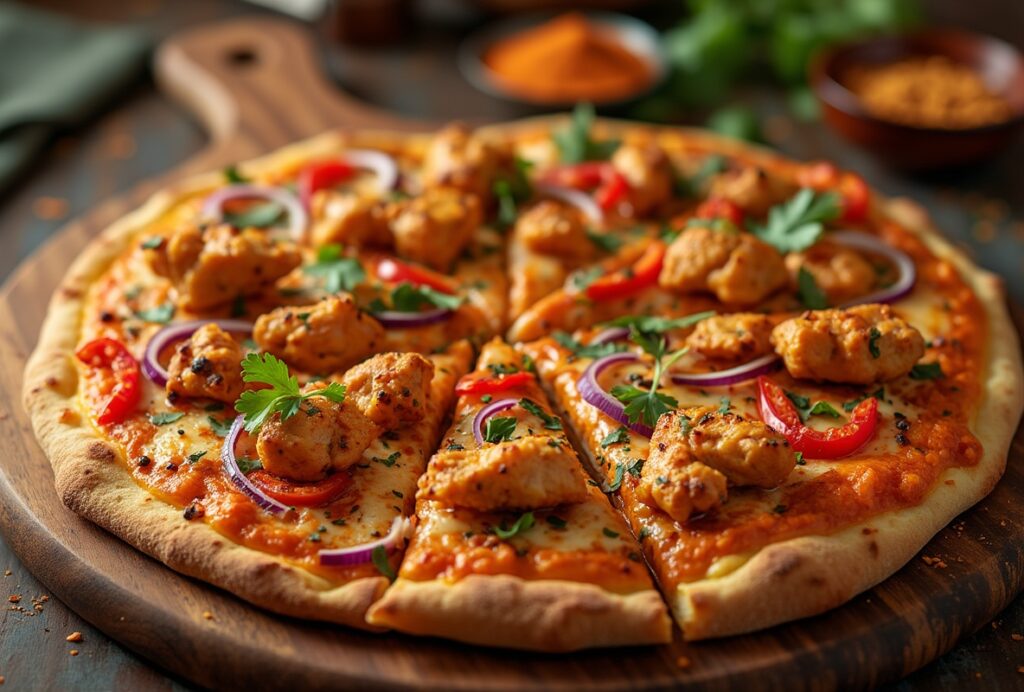 Indian-spiced pizza with marinated chicken, cilantro, onions.