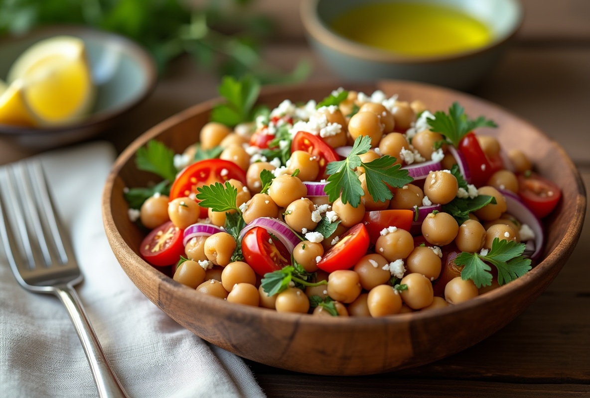 Chickpea salad with cherry tomatoes, feta, and parsley in a bowl