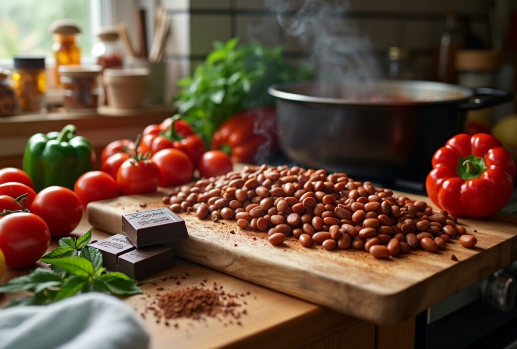 Vegan chili ingredients with pinto beans and dark chocolate.